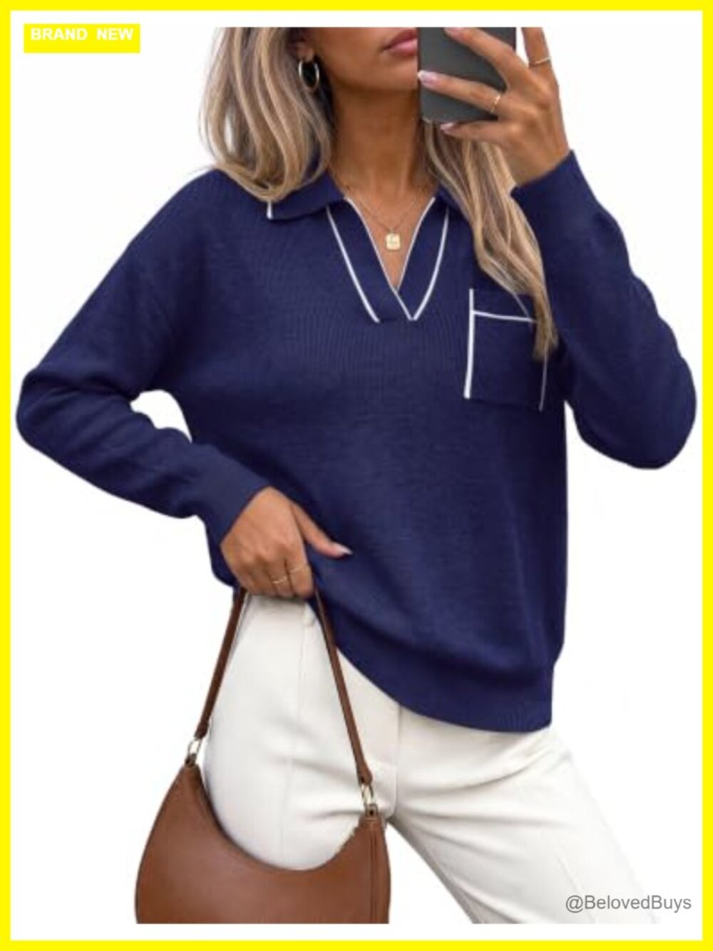 Womens Polo V Neck Sweater Long Sleeve Knit Pullover Business Dressy